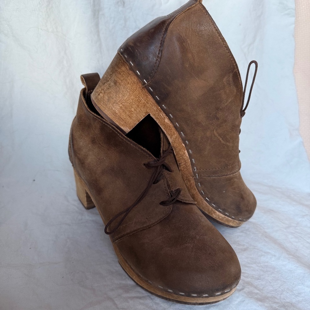 Sandgrens Sweden Chukka High Heel Clog Lace-Up Nubuck Wood Heel Size 38 - Picture 3 of 7